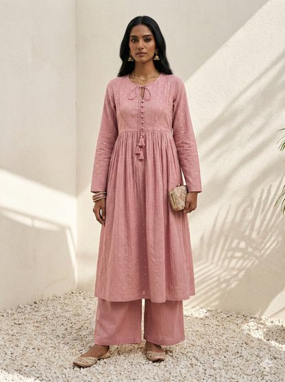 Cupro Anarkali Set-Pink