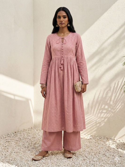 Cupro Anarkali Set-Pink