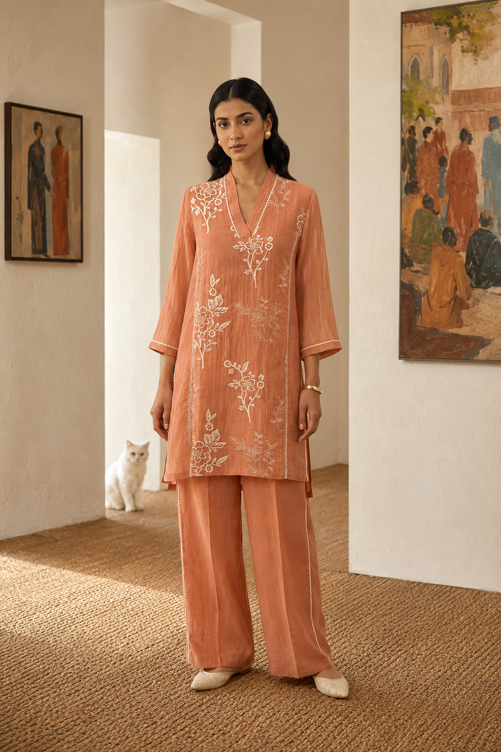 Cotton Silk Terracotta Embroidered Co-ord Set