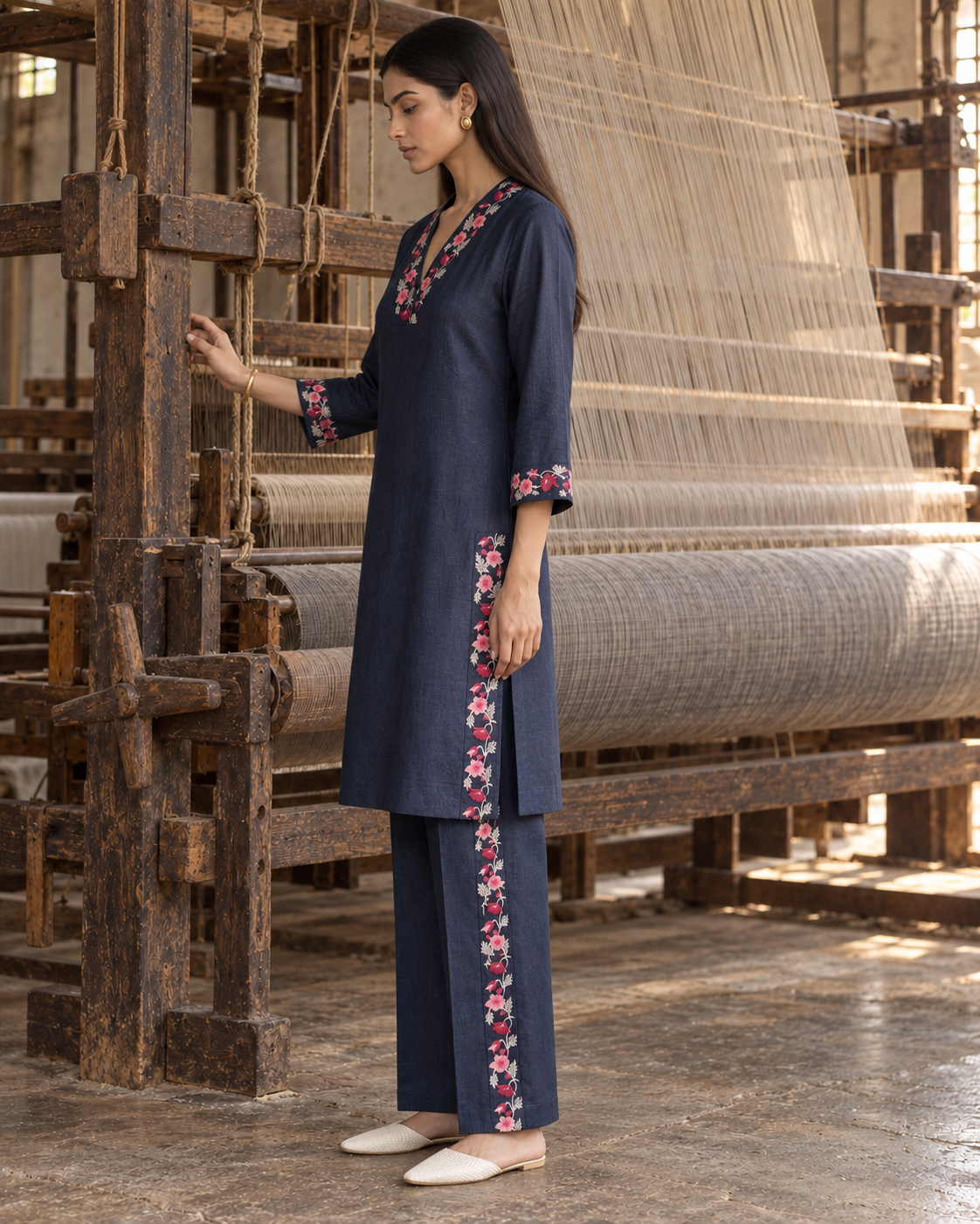100% Hemp Embroidered Co-ord Set- Navy