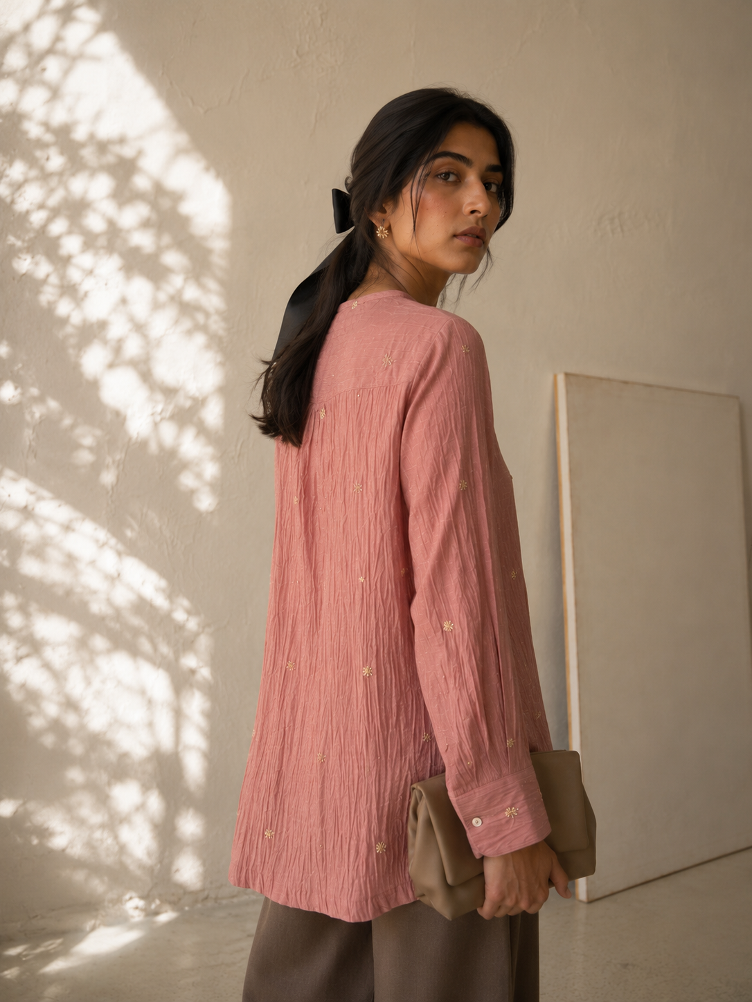 Vegan Silk Pink Embroidered Top