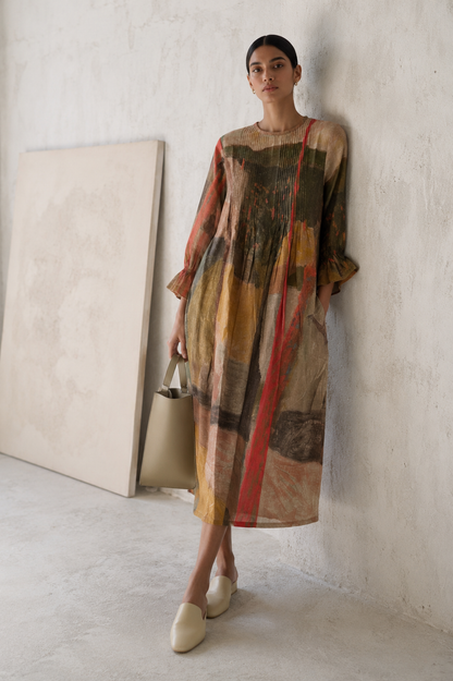Earth Palette Linen Dress with Pintuck Details