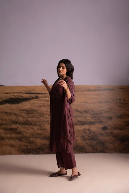 Plum Linen Kurta Set with Odhani