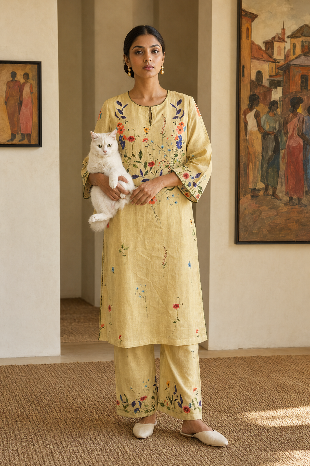 Wheat Floral Linen Kurta Set