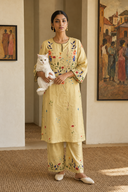 Wheat Floral Linen Kurta Set
