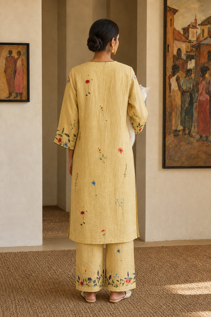 Wheat Floral Linen Kurta Set