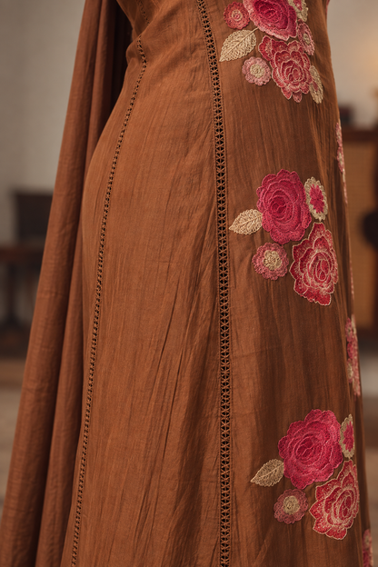 Cupro Silk Embroidered Kurta Set- Caramel
