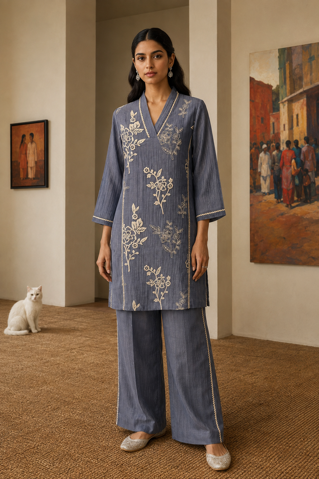 Cotton Silk Blue Embroidered Kurta Set