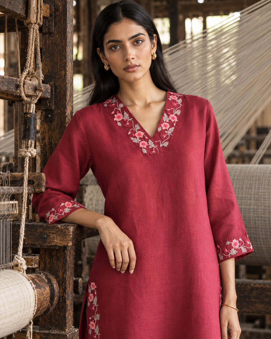 100% Hemp Embroidered Co-ord Set- Maroon