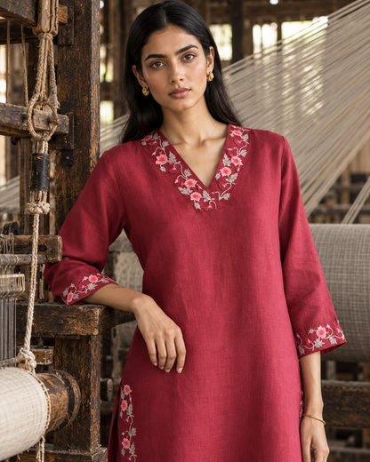 100% Hemp Embroidered Co-ord Set- Maroon