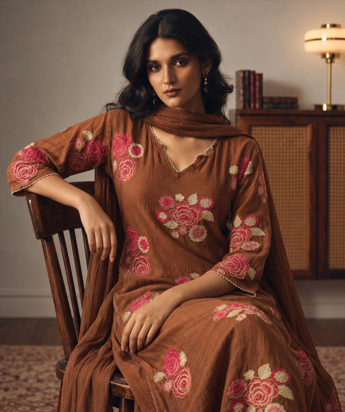 Cupro Silk Embroidered Kurta Set- Caramel
