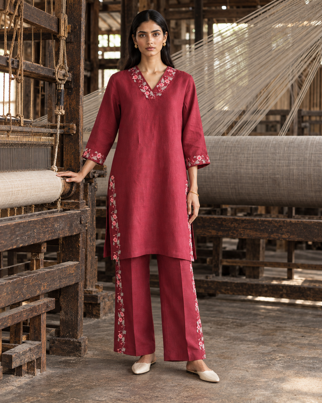 100% Hemp Embroidered Co-ord Set- Maroon