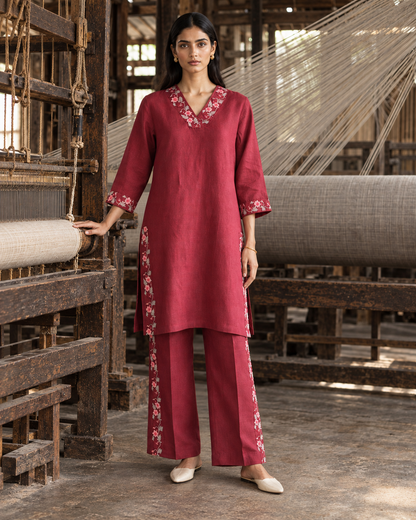 100% Hemp Embroidered Co-ord Set- Maroon