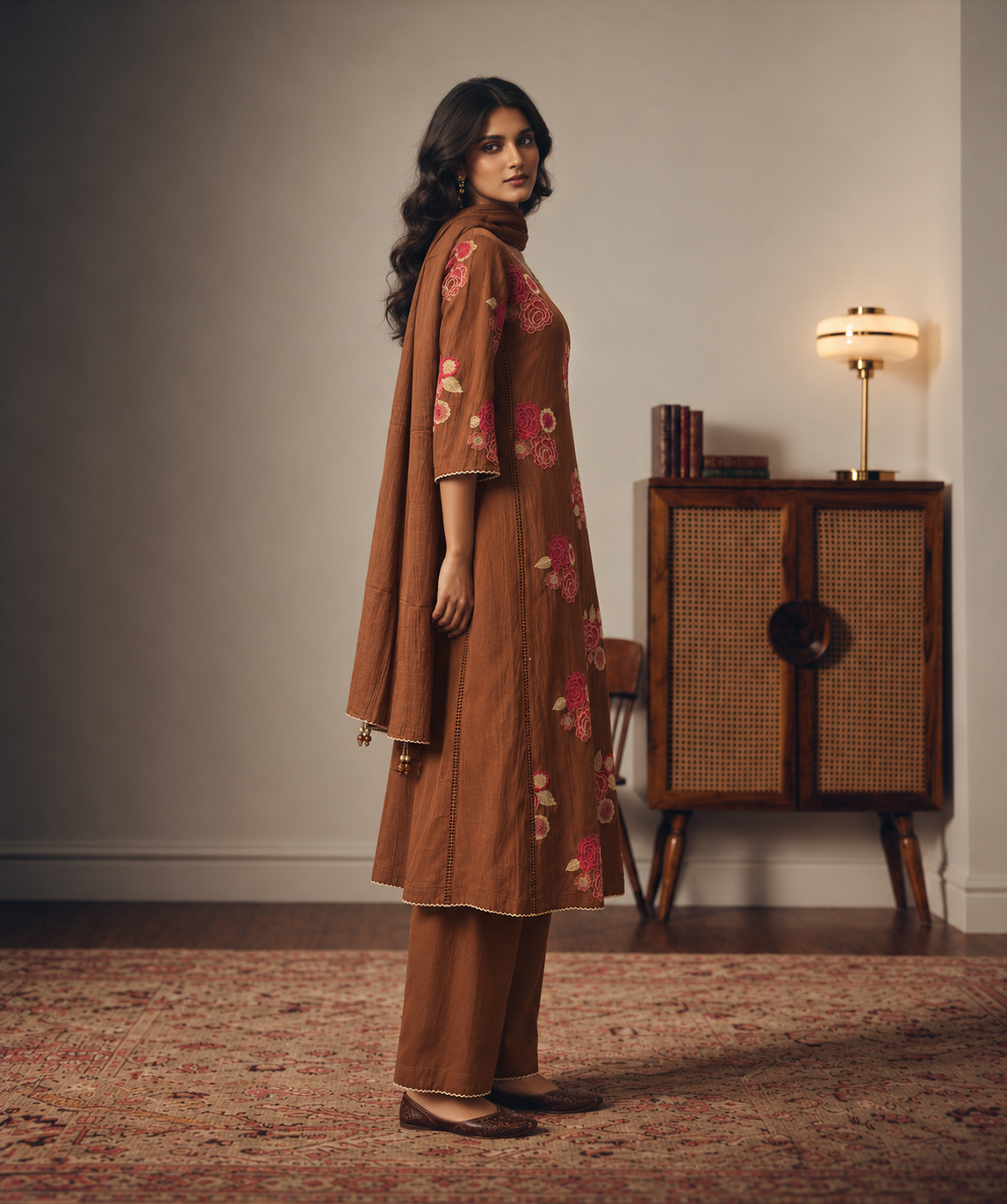 Cupro Silk Embroidered Kurta Set- Caramel