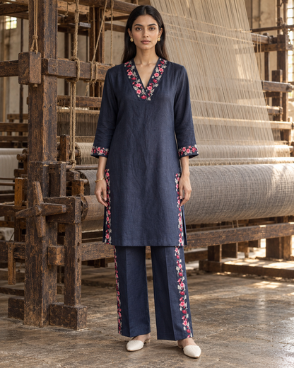 100% Hemp Embroidered Co-ord Set- Navy