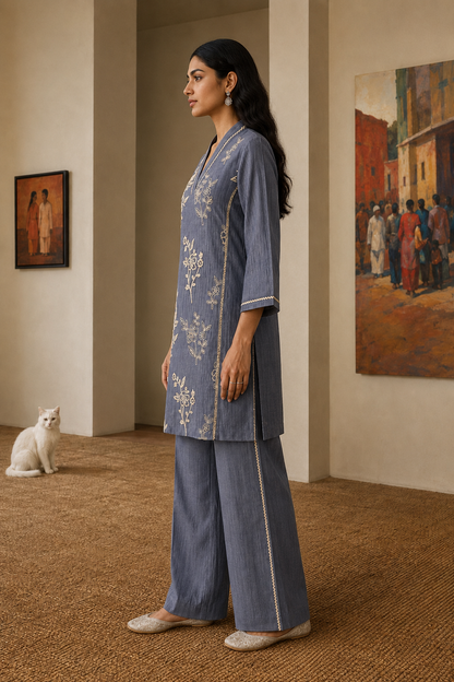 Cotton Silk Blue Embroidered Kurta Set