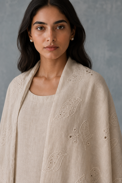 Rozana Linen Kurta Set with Schiffli Embroidered Dupatta