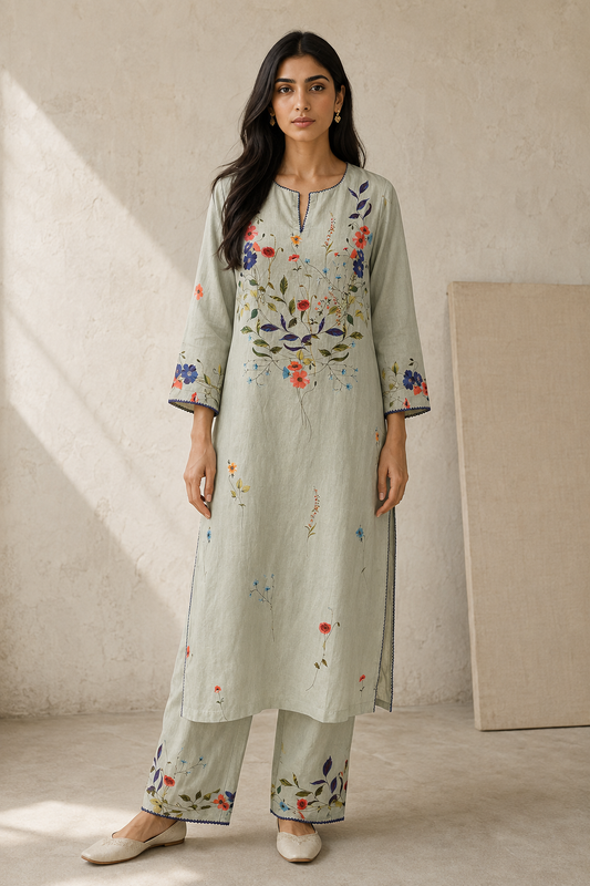 Floral Linen Kurta Set-Blue