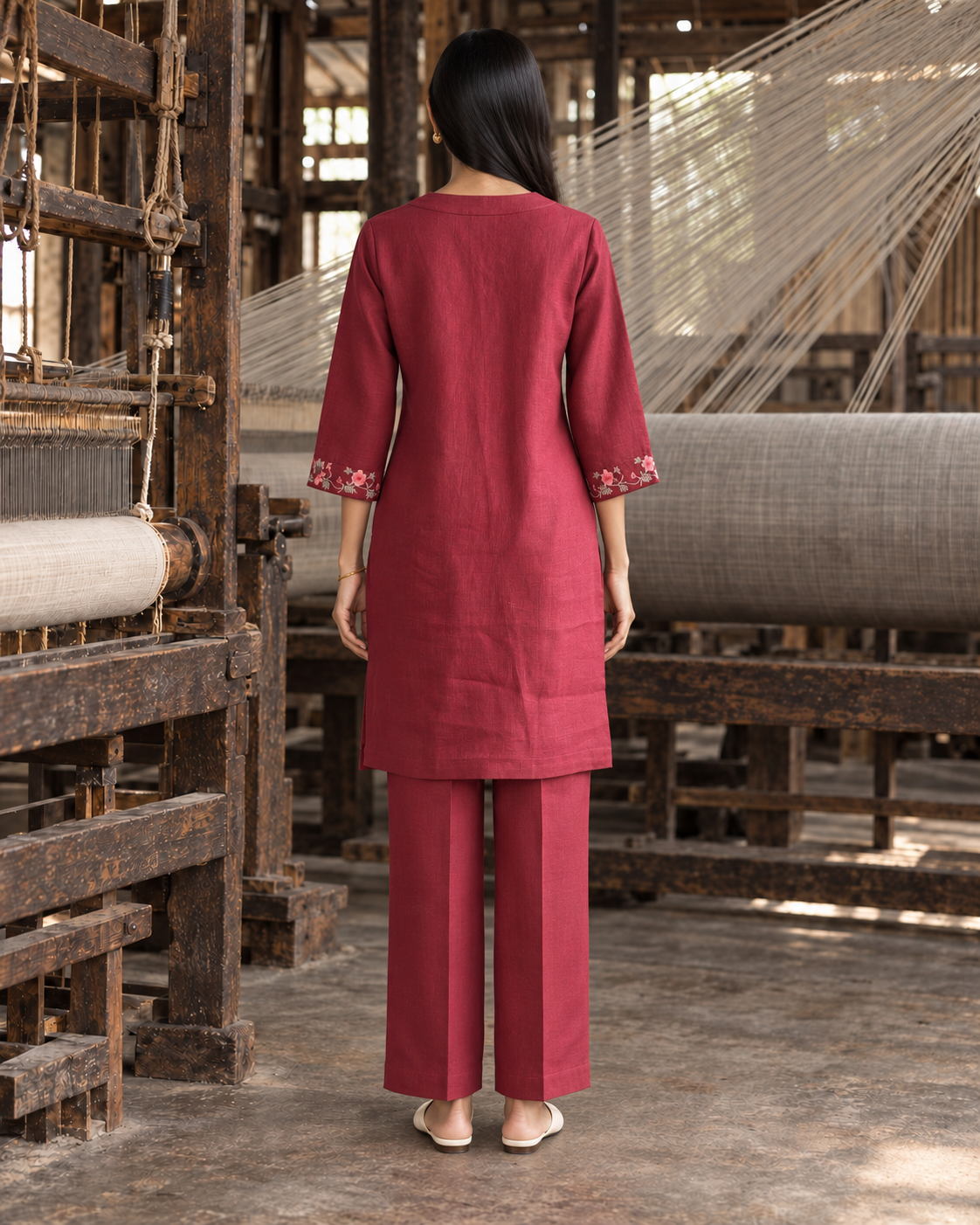 100% Hemp Embroidered Co-ord Set- Maroon