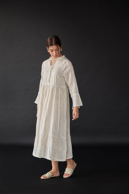 Natural Linen Cutwork Schiffli Dress