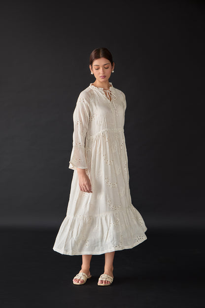 Natural Linen Cutwork Schiffli Dress