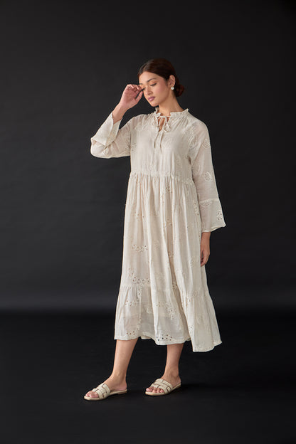 Natural Linen Cutwork Schiffli Dress