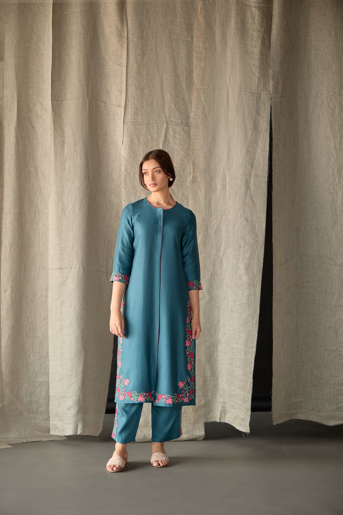 Teal Floral Ecovero Linen Kurta Set