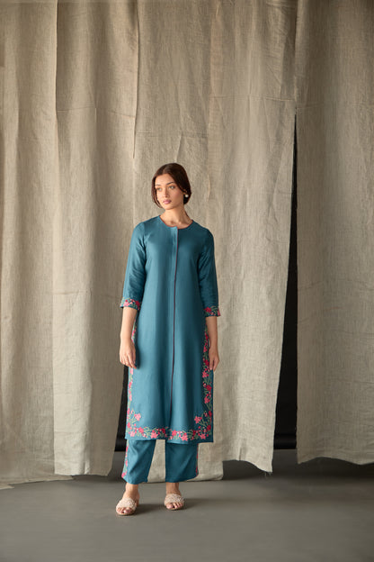 Teal Floral Ecovero Linen Kurta Set