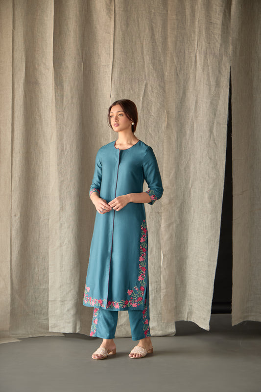 Teal Floral Ecovero Linen Kurta Set