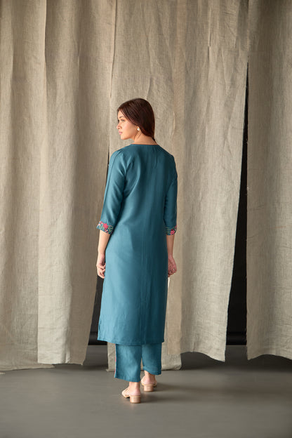 Teal Floral Ecovero Linen Kurta Set
