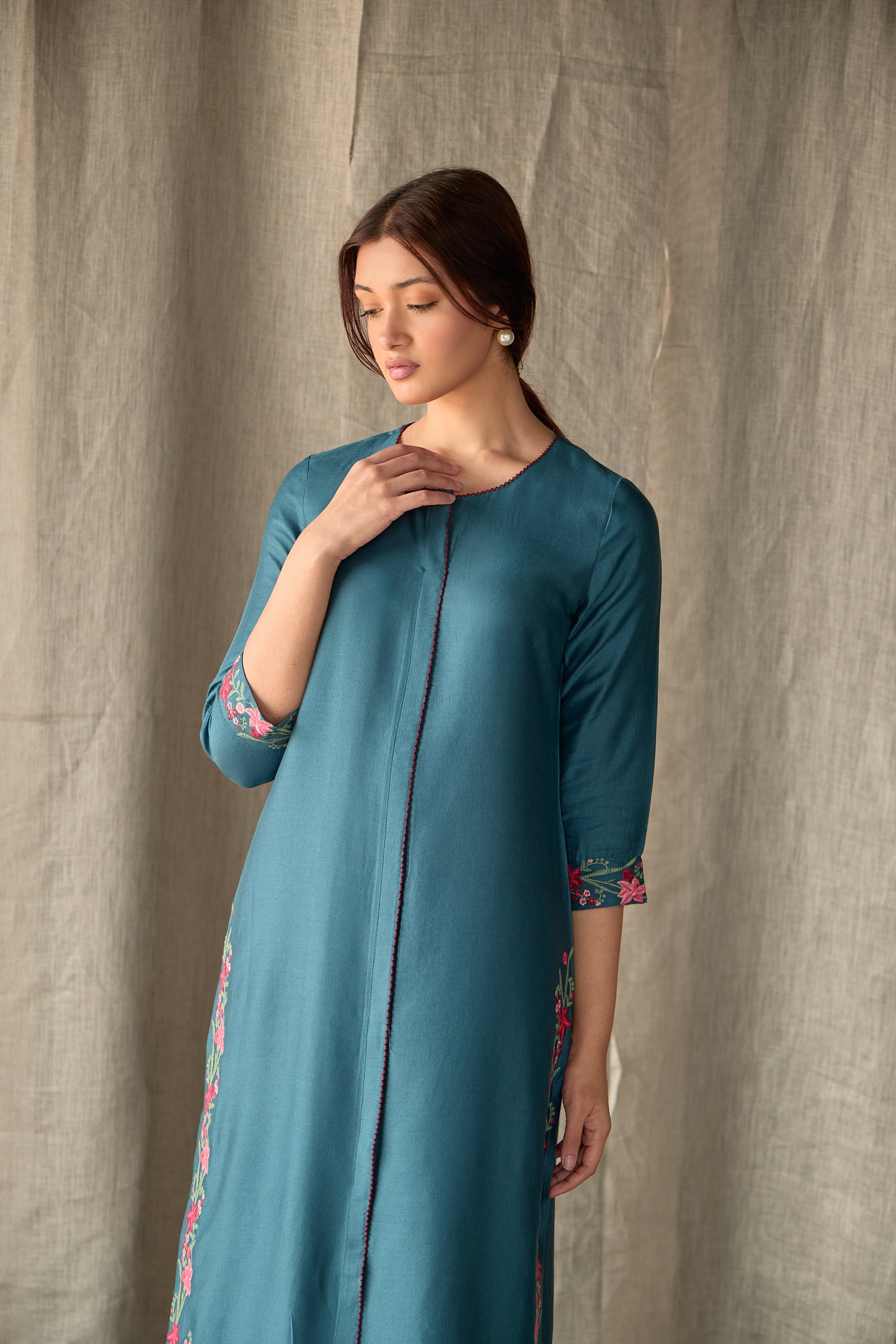 Teal Floral Ecovero Linen Kurta Set