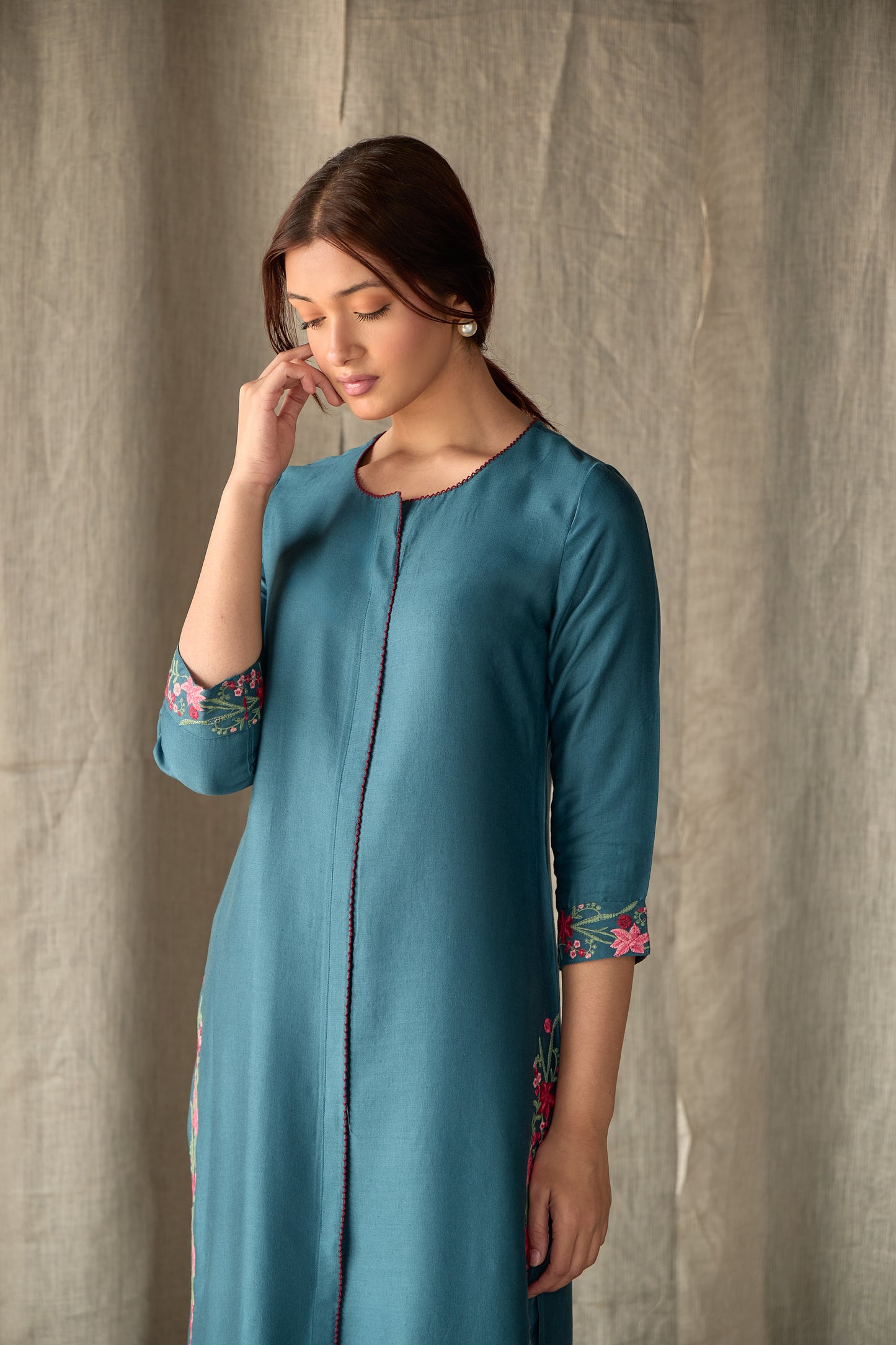 Teal Floral Ecovero Linen Kurta Set