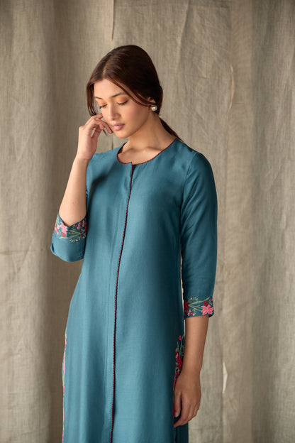 Teal Floral Ecovero Linen Kurta Set