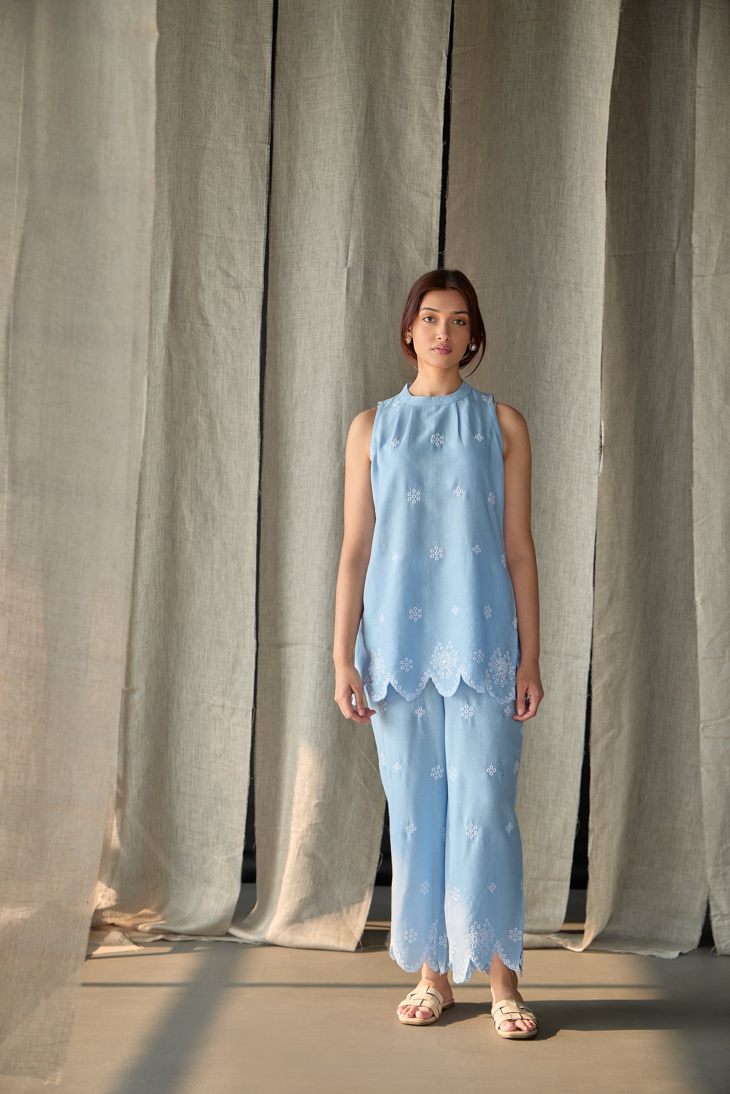 Hand Scalloped Sleeveless Linen Co-ord Set-Blue