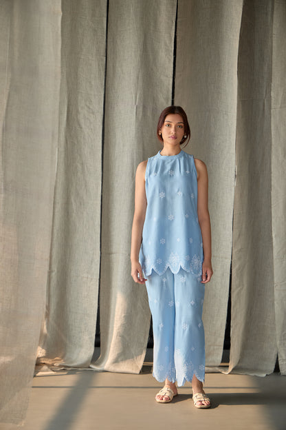 Hand Scalloped Sleeveless Linen Co-ord Set-Blue