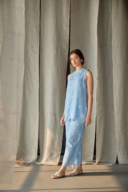 Hand Scalloped Sleeveless Linen Co-ord Set-Blue