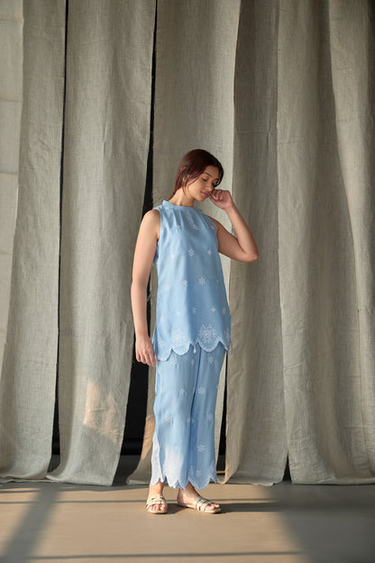 Hand Scalloped Sleeveless Linen Co-ord Set-Blue