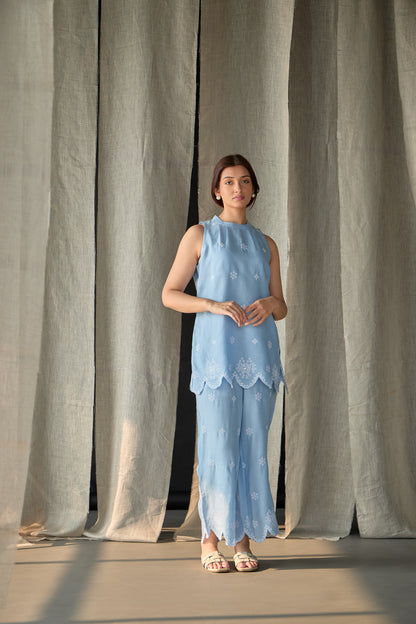 Hand Scalloped Sleeveless Linen Co-ord Set-Blue