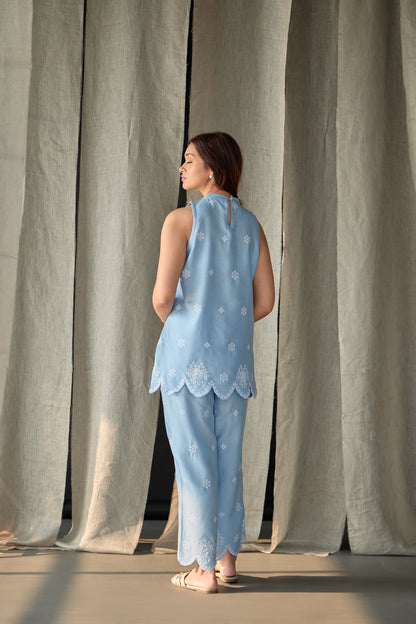 Hand Scalloped Sleeveless Linen Co-ord Set-Blue