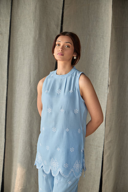 Hand Scalloped Sleeveless Linen Co-ord Set-Blue