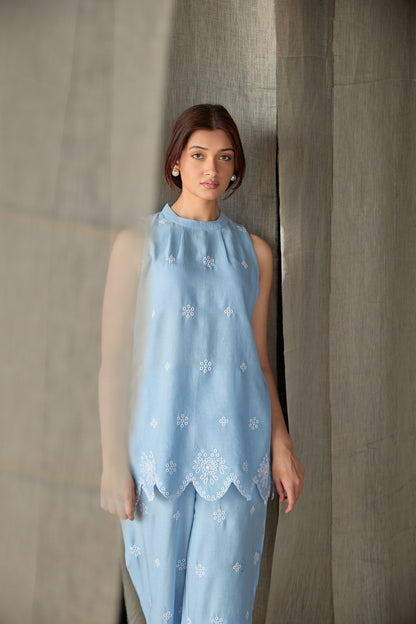 Hand Scalloped Sleeveless Linen Co-ord Set-Blue