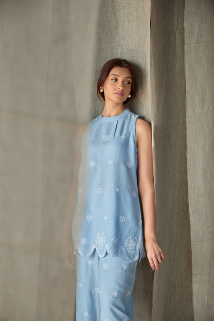 Hand Scalloped Sleeveless Linen Co-ord Set-Blue