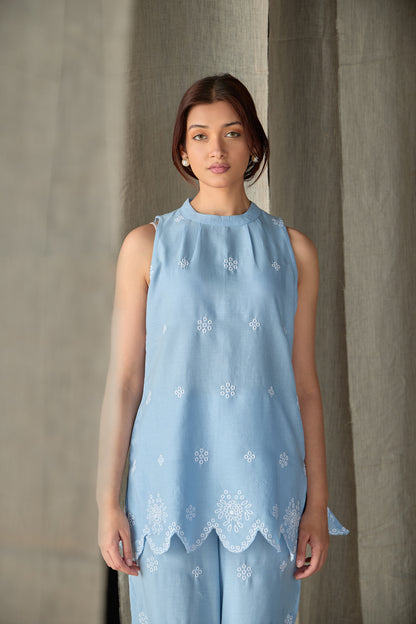 Hand Scalloped Sleeveless Linen Co-ord Set-Blue