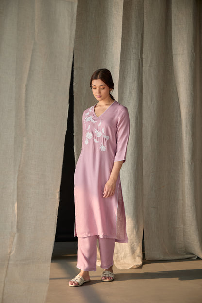 Blossom Pink Applique Linen Kurta Set