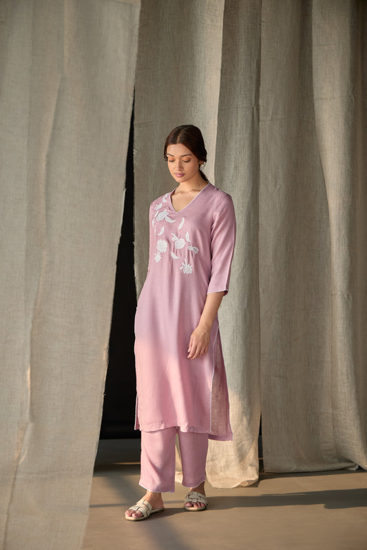 Blossom Pink Applique Linen Kurta Set