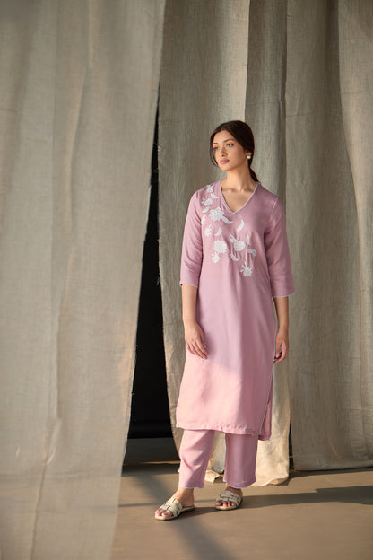 Blossom Pink Applique Linen Kurta Set