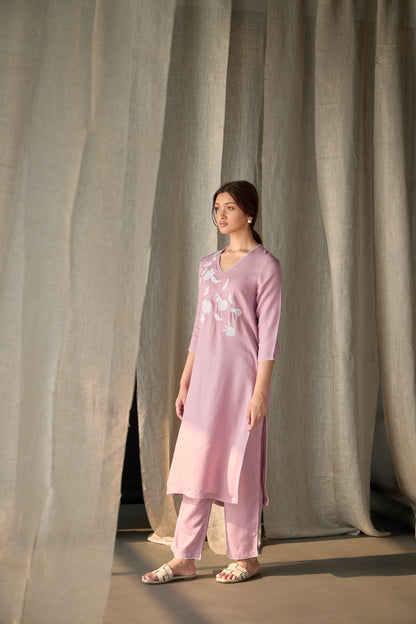Blossom Pink Applique Linen Kurta Set
