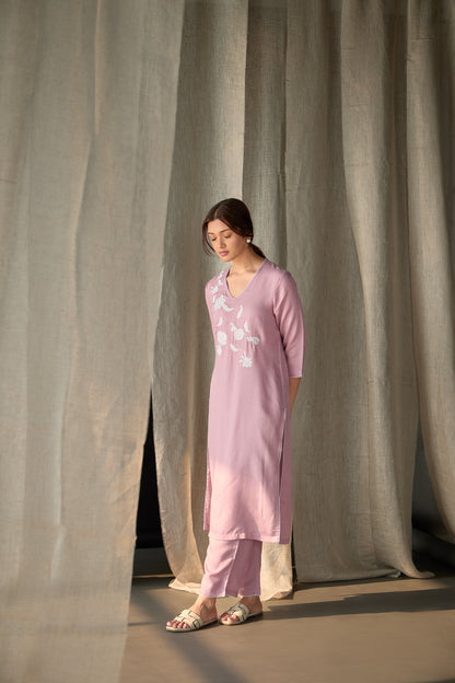 Blossom Pink Applique Linen Kurta Set