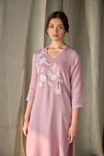 Blossom Pink Applique Linen Kurta Set