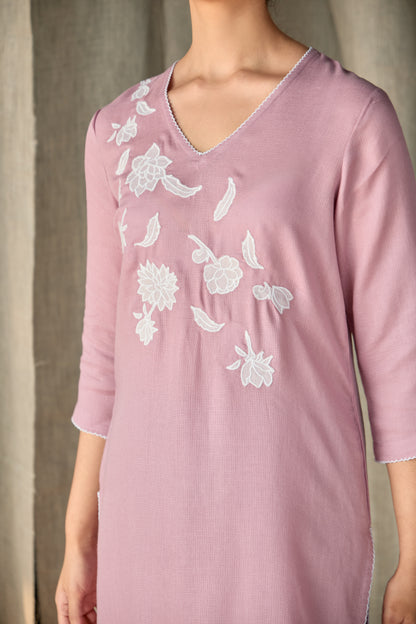 Blossom Pink Applique Linen Kurta Set